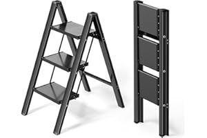 Ladnamy Escalera 3 Peldaños Escalera Plegable de Aluminio Carga máxima 150 kg Taburete PortáTil (Negro)