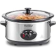 VonShef Slow Cooker 3.5L with Easy Clean Removable Oven to Table Dish, Glass Lid & 3 Heat Settings- High/Low Power Mode & Keep Warm Function- For Soups, Stews, Casseroles & Curries- Stainless Steel