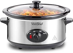 VonShef Slow Cooker 3.5L with Easy Clean Removable Oven to Table Dish, Glass Lid &amp; 3 Heat Settings- High/Low Power Mode &amp; Keep Warm Function- For Soups, Stews, Casseroles &amp; Curries- Stainless Steel