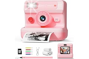 CalineGam Camara Fotos Infantil Instantanea, HD 1080P Cámara Instantánea para Niños con Tarjeta de 32G y 3 Rollos de Papel, Lentes Dobles, Regalo para Niños y Niñas de 3 a 12 Años