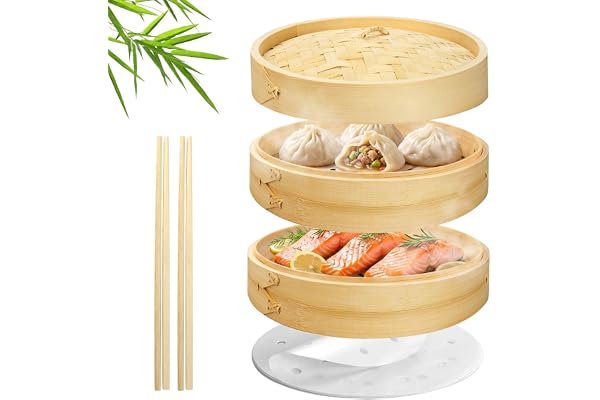 Flexzion Bambu ångkorg set (20 cm), 50 x ångkokare och 2 par ätpinnar, ångkorgar för DimSum dumplings, ris, grönsaker, fisk och kött