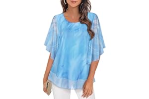 Syphiby Womens Blouses Ruffle 3/4 Sleeve Mesh Ladies Tops Chiffon Double-Layered Tunic Tops Loose Flowy Shirts