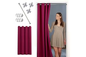 ‎TINYCURTAINS tinycurtains, Thermo Türvorhang mit Vorhangstange & Magneten zum Abdichten, einfache Montage ohne Bohren in 1 Min (195 x 150 cm rot + Stange Silber 70–120 cm + 6 Magnete)