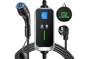 FNRIDS Chargeur Voiture Électrique,EV Chargeur Type 2 Portable,6A/8A/10A/13A/16A Courant réglable,Charge Temporisée,Cable Recharge Voiture Electrique,IP67 étanche,6 Mètres avec Sac,IEC 62196-2