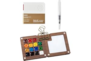 LUXVARA Set de Acuarela Mini, Paleta Portátil con 15 Cuadrículas – Estuche de Madera para Viajar, Kit de Viaje para Artistas con Papel de Acuarela, Pinceles, Clip & Cuaderno de Bocetos (Sin Colores)