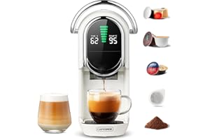 CAPXSNOB Magician1 Machine à café Capsules pour Nespresso, Dolce Gusto, Lavazza A Modo Mio, Dosettes ESE 44mm et Café Moulu, Température et Taille Tasse Réglable, 20Bar, Cafetière Chaud ou Froid (Blanc)