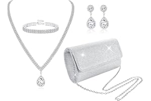 JeryWe Silver Costume Jewellery For Women Necklace And Earrings Sets Bridal Bracelet Diamante Silver Clutch Bag Wedding Jewellery Sets For Brides