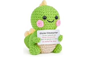 Giftasy Glücksbringer - Handgestrickter Glücks-Dino mit Energiekarte, Du schaffst das Geschenk, Geschenke zur Einschulung, Mutmacher Geschenk, Positive Hug, Motivationsgeschenk