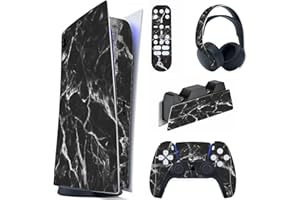 PlayVital Skin Kompatibel mit ps5 Konsole Digital Edition,Aufkleber Skin Stickers Schutzfolie für PS5 Konsole,Controller,Ladestation,Headset,Medienfernbedienung-Schwarz Weiß Marmor Optik