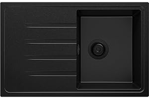 PRIMAGRAN Fregadero Cocina Todo Negro 78x50cm, Granito 1 Seno + Sifón, Sobre encimera al mueble 45cm - Milano S007
