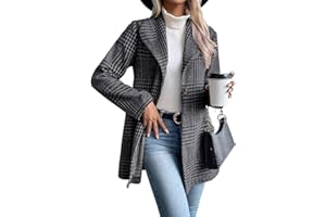 IDEALSANXUN Blazer largo de lana a cuadros para mujer, trajes de otoño e invierno, gabardina de manga larga, casual, elegante, chaqueta con solapa