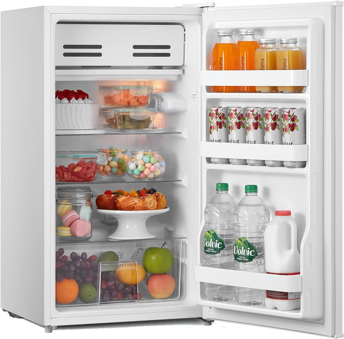 COMFEE' RCD93WH2(E) Under Counter Fridge, 93L Freestanding Refrigerator with Cooler Box, Adjustable Thermostat, Reversible Door, Removable Glass Shelves, Interior Light, White