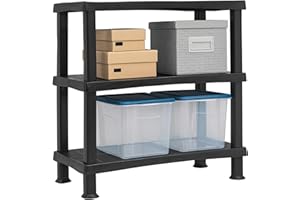 SIDSONS - 3 Tier Plastic Black Shelving Storage Unit - Free Standing Racks - Each Shelf Can Hold Up to 25kg - Heavy Duty Organizer Rack for Home & Office - (1x, Black - 3 Tier Shelf)