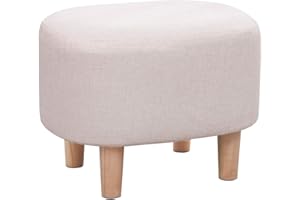 LEITING Ottoman Footstool Footrest Foot Stool Pouffe Padded Modern Home Living Room Bedroom Oval Seat with Removable Linen Stool Cover 4 Beech Wooden Legs (Beige)