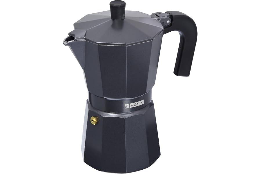 Monix Vitro Noir | Cafetera Italiana 6 Tazas | Apta para Vitrocerámica, Gas y Eléctrica, Mango Termoresistente
