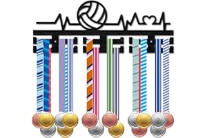 CREATCABIN Porta Medaglie Da Pallavolo In Legno Porta Medaglie Sportive Espositore Porta Medaglie Montato su Rack su 30 Medaglie Premi Supporto per Nastro Stella Trofeo per Atleti Competizione 40x15cm