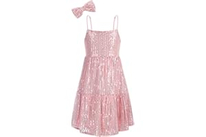 GRACE KARIN Robe Fille Paillette à Bretelles Spaghetti Cocktail Mariage avec Bandeau Nœud Papillon à Paillette 5-12ans