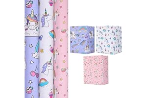 BIULDPY Rouleau de papier cadeau d'anniversaire : 3 rouleaux de papier cadeau motif licorne 43 cm x 3 m - Violet, rose et blanc pour les anniversaires d'enfants