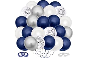 DUDU CREAM Luftballons Blau Silber Weiß, 60 Stück Metallic Silber Navy Blau Helium Ballons & Konfetti Luftballons mit Bändern für Geburtstag, Hochzeit, Babyparty, Dekoration, Geschäftstätigkeit, 12 Zoll