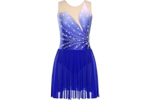 iiniim Figure Ice Skating Dress For Women Mesh Patchwork Sparkly Rhinestones Skirted Gymnastics Dance Leotard