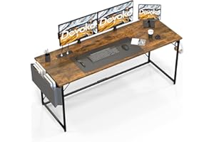 Devoko Computertisch 140cm (55 Zoll), Schreibtisch PC-Tisch Stabil, Moderner Einfacher Bürotisch für das Home Office, Kopfhörer Halter, Aufbewahrungstasche, Vintage braun