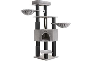 Feandrea Cat Tree for Large Cats, Heavy-Duty Cat Tower with Warm Pads, 2 Self-Groomers, 9 Scratching Posts, Large Perch, Cave, Baskets, 50 x 50 x 160 cm, Dove Grey and Black PCT003W01