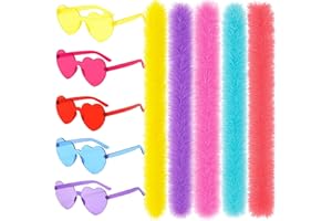 BODESHIS 5PCS Feather Boas Multipack with 5PCS Sunglasses, Fluffy Feather Boa for Theme Parties, Cosplay, Halloween Costumes, Dance Performances, Photo Shoots, Available in Blue, Red, Pink, Purple, Yellow