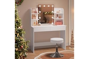 ‎WOLTU WOLTU Schminktisch mit Beleuchtung, Spiegel, höhenverstellbarer Hocker, 360° drehbar Stuhl, 108x40cm Tischplatte, Frisiertisch mit 2 Schubladen, 4 Ablagen, Kosmetiktisch aus Holz, Weiß