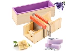 TOABOA Lot de 5 coupe-savon 1,4 l en silicone et bois - Avec couteau ondulé en acier inoxydable - Couteau droit - Couvercle - Kit de fabrication de savon - Résistant aux températures élevées - Réglable