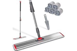 MASTERTOP 60cm Balai Serpillère Aluminium avec Manche Télescopique en INOX, Vadrouille Microfibre Professionnelle Rotative 360° pour Nettoyage de Sol avec 5 Tampons (Rouge)