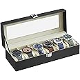 SONGMICS Watch Box with 6 Slots, Watch Box, Box, Glass Lid, Removable Pads, Metal Lock, Black Coating and Greenish Beige Lining JWB06BE