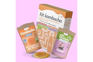 ORISAE Kit kombucha complet - Mère de kombucha fraîche bio - Paquet de thé - Bouteille - Bocal - Passoire - Tissu - Aromatisation au choix - Fabriqué en France (Florale)