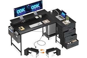 ‎ODK ODK Schreibtisch L Form mit Schubladen, 140x80cm Eckschreibtisch Reversibler mit USB-Ladeanschluss und Steckdose, L förmiger Schreibtisch mit Monitorablage für Homeoffice, Schwarz
