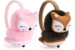 ViEinkaufen 2 Pack Kids Furry Winter Earmuffs, Cute Fox Plush Ear Warmers for Boys & Girls, Folding Ear Cover Windproof Warm Ears Protector for Students, Pink & Brown
