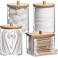 Tbestmax 4 Pack Qtip Holder Bathroom Container, 10/7oz Cotton Ball/Swabs Dispenser, Apothecary Jar with Bamboo Lids for Organizer and Storage (Beige)