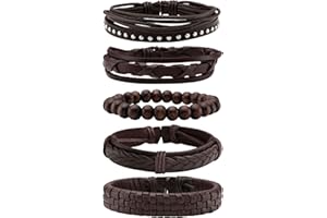 MILAKOO 6 Pezzi Bracciale in Pelle Intrecciata per Uomo Donna Bracciale Avvolgente con Perline in Legno Regolabile