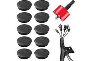 GALOZZOIT Kabeldurchführung Schreibtisch & Kabelschlauch Schwarz Set – 10× Kunststoff Kabeldurchlass 60 mm inkl. 1× Lochsäge + 3 m selbstschließender Kabelschlauch + Kabelclips