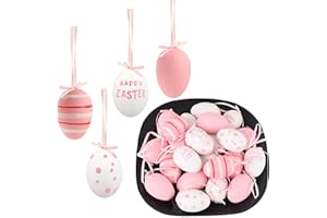 HERZONE 24pcs Ostereier Plastikeier zum Aufhängen Eier Ostern Deko Osterdeko mit tollen Mustern, Ostereier Basteln Kunststoffeier, Größe: 6x4cm (pink)