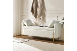 HULALA HOME Modern Storage Bench Ottoman with Arms & Metal Legs, Chenille Fabric and Upholstered Cushioned Adjustable Subdivided Box for Entryway Bedroom Living Room, IVORY