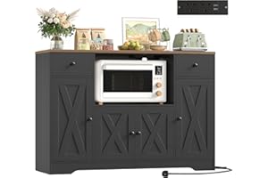 HOCSOK 120 cm Sideboard, Kitchen Pantry Cupboard with Power Sockets, Sideboard Storage Cabinet with Microwave Stand and Adjustable Shelves, for Living Room Dining Room Hallway, 120x40x85cm