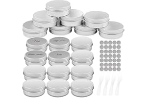 Firschoie 20 Pièces Pots Cosmétiques Vide en Aluminium, 20ml Mini pot avec bouchon à vis, cannette vide Avec 28 autocollants ronds et 4 spatules, Idéal pour maquillage, crèmes, lotions