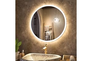KWW 600 mm LED Bathroom Mirror, Fácil de Instalar Espejo de Maquillaje Redondo, Temperatura de Color Ajustable, Anti - Niebla Light, Espejo Montado en La Pared con Botón Táctil Inteligente