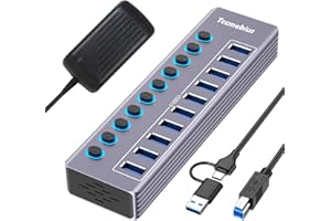 Tccmebius USB Hub Alimentado, Aluminio Hub USB 3.0/USB C a 10 Puertos 5Gbps Datos con Interruptor Independiente LED, Adaptador de Corriente 12V/3A, 2-en-1 Cable Datos 100CM, para Laptop PC (TCC-T310U)