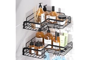 LAJIAKE Duschablage Ohne Bohren - 2 Stück Duschregal, Edelstahl Shampoo Halterung für Dusche, Duschablage Ecke, Eckregal Dusche, Shower Shelf mit 8 Haken für Badezimmer und Küche, Schwarz