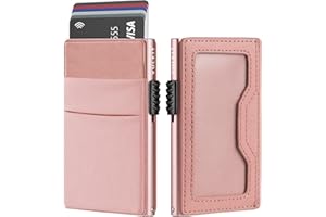 VULKIT Etui na karty kredytowe z kieszeniami EDC i okienkiem na dowód osobisty, blokujący RFID, portfel na karty typu pop up, wąski metalowy portfel, różowy, Jeden rozmiar, Minimalistyczny