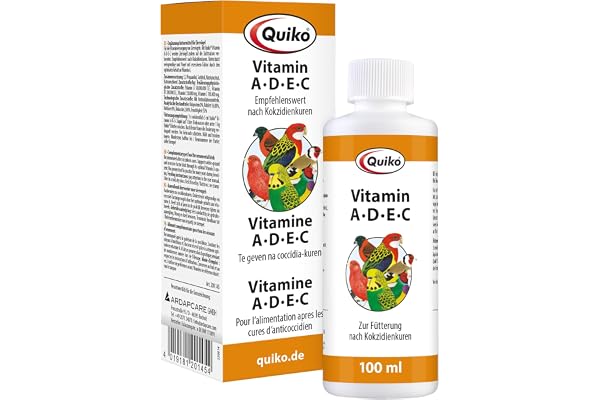 Quiko Vitamine A-D-E-C -100 ml Pour l'apport de vitamines aux oiseaux d'ornement, pigeons voyageurs et poules - Pour l'apport de vitamines après les cures de coccidies - Idéal en situation de stress