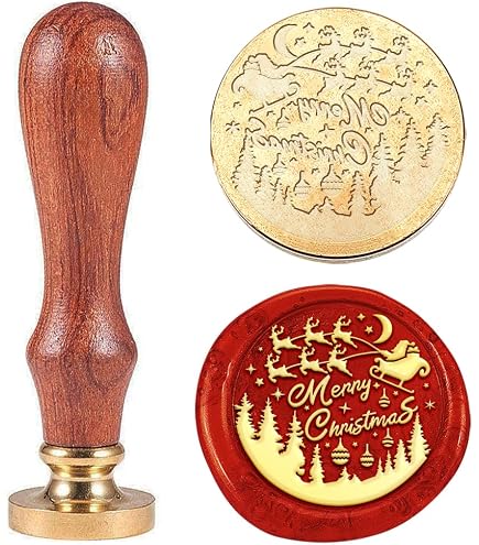 Tampon Cire "Joyeux Noël" Avec Tête Interchangeable Père Noël Renne - Poignée Bois, Tête Laiton - Pour Cartes, Paquets Cadeaux