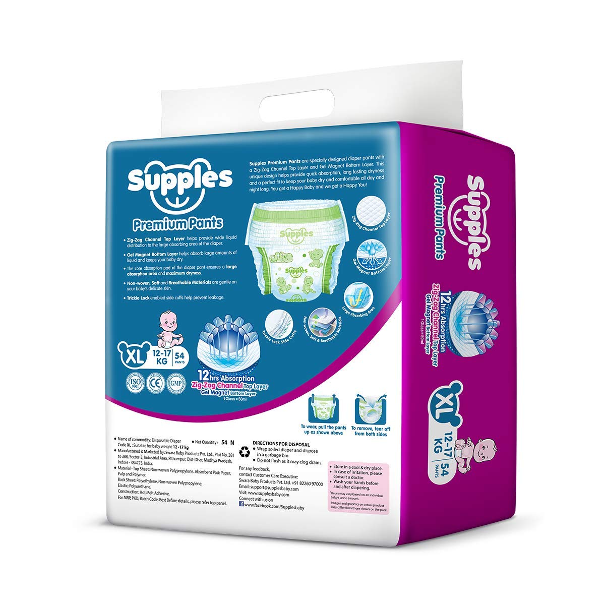 Supples Premium Diapers, XLarge (XL), 54 Count, 1217 Kg, 12 hrs