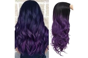 ‎SALAIBS Salaibs Lila Lang Lockig Perücke für Frauen Schwarz bis Lila Wellig Mittelteil Haar Perücken Kunstfaser Cosplay Halloween Perücke