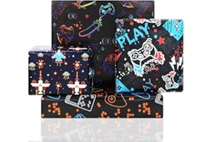 GELUODE Papel de regalo de cumpleaños para niños, niñas, amantes de los videojuegos, papel de regalo de 4 estilos, 8 hojas plegadas planas, 50 x 70 cm por hoja